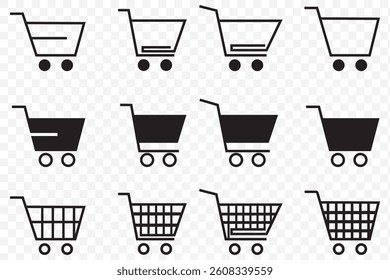 Shopping cart Black icons set. Shopping basket icon collection. Black Shopping cart line and flat icon. Internet shop symbol. Web store shopping cart - stock vector on Transparent Background. EPS 10.