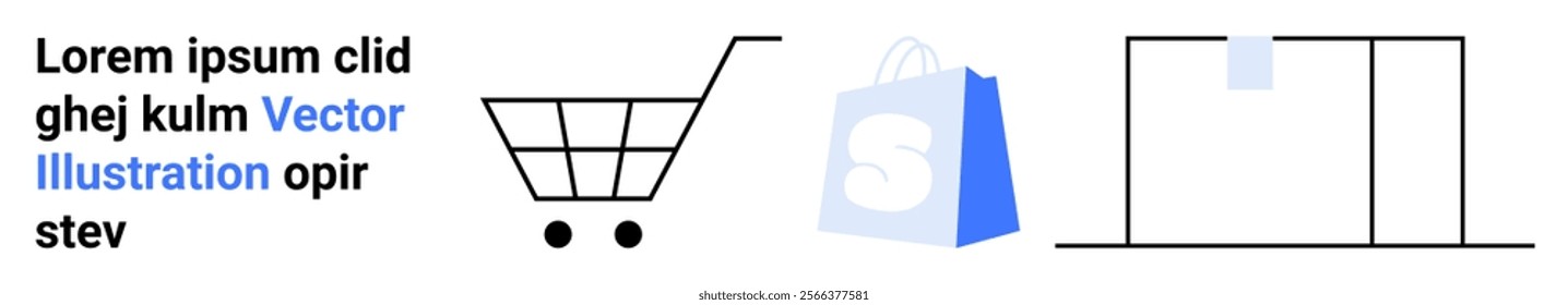 Shopping cart, blue shopping bag, storefront with a sign. Ideal for online shopping, retail, e-commerce, digital marketing, web design. Landing page