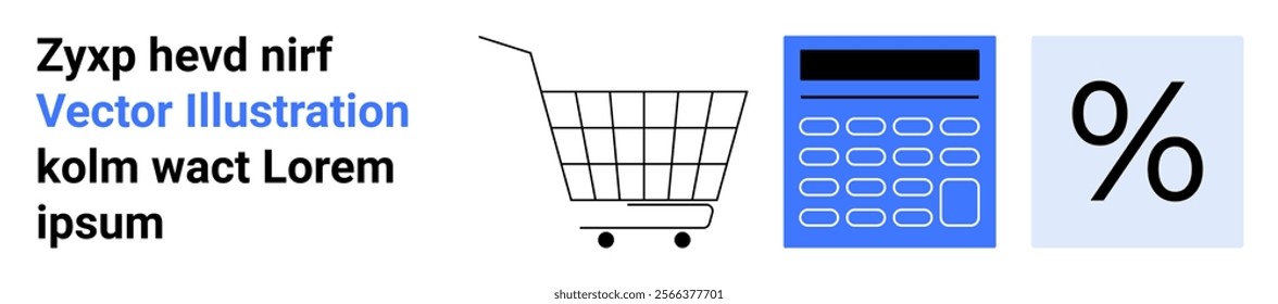 Shopping cart, blue calculator, and percentage symbol. Ideal for online shopping, e-commerce platforms, financial calculations, discount applications, and budgeting tools. Landing page