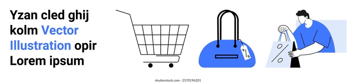 Shopping cart, blue handbag with price tag, and person holding shopping bags. Ideal for e-commerce, retail, online shopping, digital marketing, and advertising. Banner for landing page