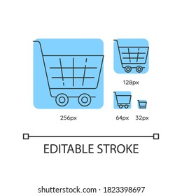 Shopping cart blue linear icons set. Supermarket trolley. Online shop purchase. Thin line customizable 256, 128, 64 and 32 px vector illustrations. Contour symbols. Editable stroke