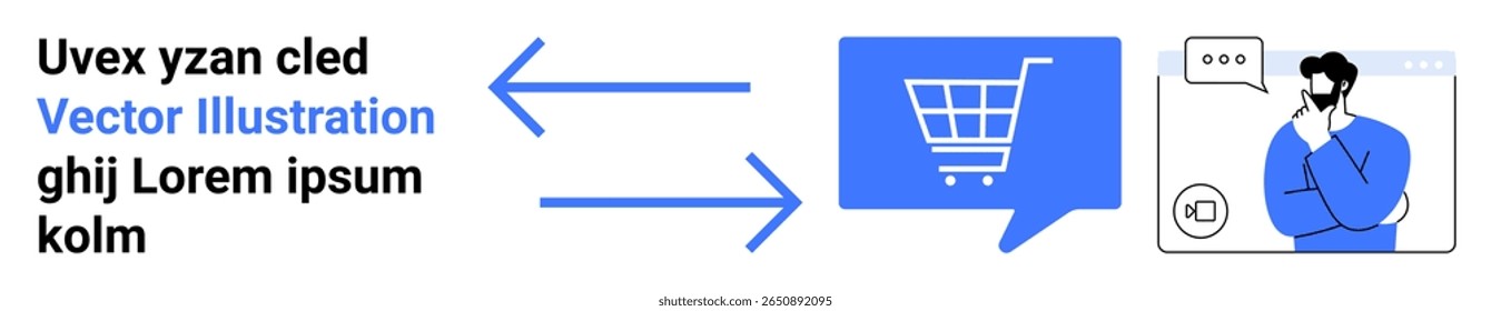 Carrinho de compras em balão de fala azul, texto com setas apontando para o agente de atendimento ao cliente on-line. Ideal para ilustrar comunicação, compras, comércio eletrônico, suporte ao cliente, negócios on-line, usuário
