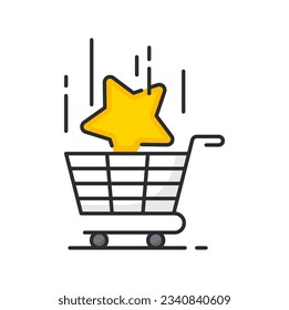 Shopping cart with bonus star icon, vector loyalty incentive benefits, reward points, prize or gift. Shopping bonus system of customer loyalty program color line symbol with gold star in trolley