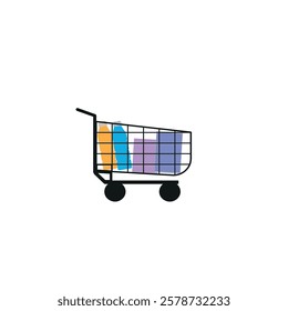 shopping cart, shopping, bottles, boxes , flat vector illustration
