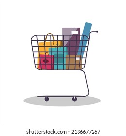 Shopping cart with box and bags. Colorful bags, red, turquoise, yellow, purple, brown, and blue. Impulsive buying use trolley with full bags.