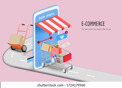 Shopping cart with box and mobile for online shopping