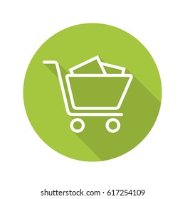 Shopping cart with boxes. Flat linear long shadow icon. Vector line symbol