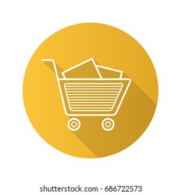 Shopping cart with boxes. Flat linear long shadow icon. Vector outline symbol