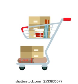 Shopping cart with boxes in hardware store. Shop trolley emblem. Store basket with purchases. Online shop pictogram. Flat vector illustration isolated on transparent.