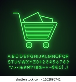Shopping cart with boxes neon light icon. Glowing sign with alphabet, numbers and symbols. Vector isolated illustration