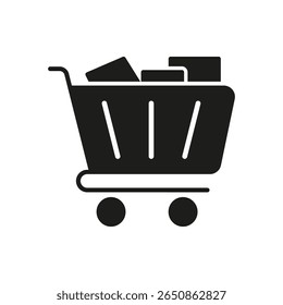 Carrinho De Compras Com Caixas Ícone Sólido. Símbolo De Silhueta De E-Commerce, Compras Digitais E Mercado Online. Gerenciamento De Lojas E Negócios De Varejo. Ilustração de vetor isolada.