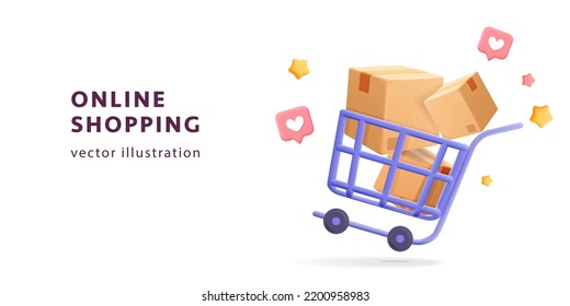 Shopping cart with boxes and stars and like social media icons template web banner. Realistic render 3d vector illustration. Online shopping, digital marketing, delivery, online store concept.