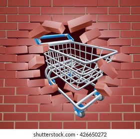 Shopping cart breaking through a brick wall