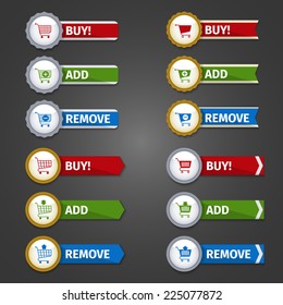 Shopping cart buttons e-commerce web design elements glossy sticker set with buy add remove ribbons isolated vector illustration