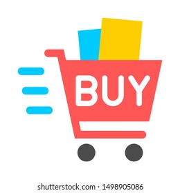 Shopping cart with Buy inscription. Flat icon