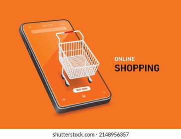 Shopping cart and buy now icon placed on smartphone screen For making advertisements on online shopping application platforms,vector 3d isolated on orange background for promotion sale design