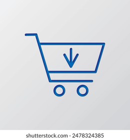 Shopping cart, buy simple icon vector. Flat design. Paper cut design. Cutted blue symbol with shadow. Gray background.ai