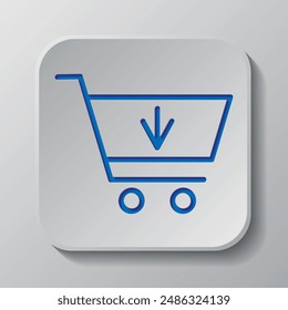 Shopping cart, buy simple icon vector. Flat design. Paper cut design. Cutted blue symbol with shadow. Gray badge button, gray background.ai