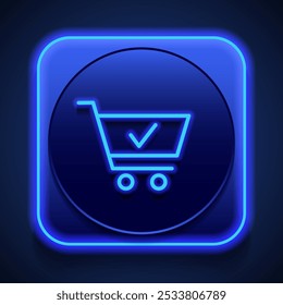 Shopping cart, buy simple icon vector. Flat design. Blue neon style on button. With shadow.ai