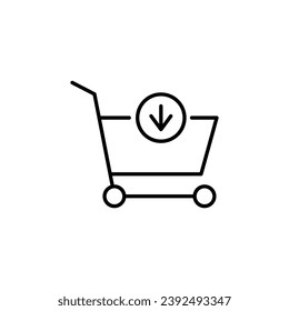 Shopping Cart by Arrow Down Vector Sign. Suitable for books, stores, shops. Editable stroke in minimalistic outline style. Symbol for design 