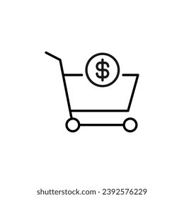 Carro de compras por símbolo de vectores de dólares para anuncios. Adecuado para libros, tiendas, tiendas. Actrazo editable con un estilo de contorno minimalista. Símbolo de diseño 