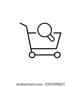 Shopping Cart by Magnifying Glass Vector Symbol for Stores and Shops. Suitable for books, stores, shops. Editable stroke in minimalistic outline style. Symbol for design 