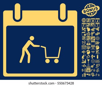 Shopping Cart Calendar Day icon with bonus calendar and time management graphic icons. Vector illustration style is flat iconic symbols, yellow, blue background.