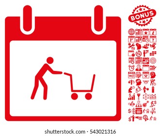 Shopping Cart Calendar Day pictograph with bonus calendar and time management symbols. Vector illustration style is flat iconic symbols, red, white background.