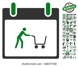 Shopping Cart Calendar Day pictograph with bonus calendar and time management graphic icons. Vector illustration style is flat iconic symbols, green and gray, white background.