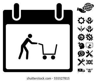 Shopping Cart Calendar Day pictograph with bonus options pictograms. Vector illustration style is flat iconic symbols, black, white background.