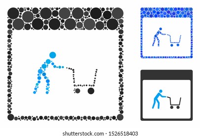 Shopping cart calendar page composition for shopping cart calendar page icon of filled circles in variable sizes and color tones. Vector filled circles are composed into blue mosaic.