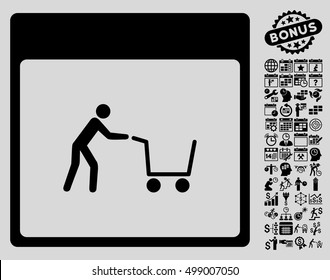 Shopping Cart Calendar Page icon with bonus calendar and time management symbols. Vector illustration style is flat iconic symbols, black, light gray background.