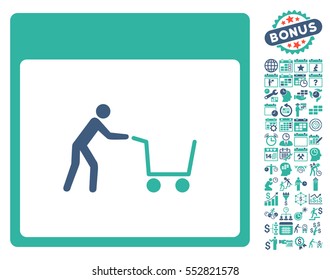 Shopping Cart Calendar Page icon with bonus calendar and time management images. Vector illustration style is flat iconic symbols, cobalt and cyan, white background.