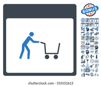 Shopping Cart Calendar Page pictograph with bonus calendar and time management icon set. Vector illustration style is flat iconic symbols, smooth blue, white background.