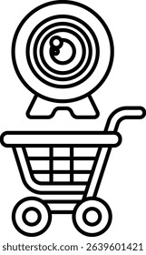 A shopping cart with a camera attached to it. The camera is placed on the cart, and the cart is positioned in front of another shopping cart
