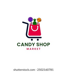 shopping cart candy with sweet candy and lollipops illustration logo design, graphic, minimalist logo.
