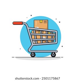 Shopping Cart with Cartoon Box Vector Illustration. Shopping Concept Design