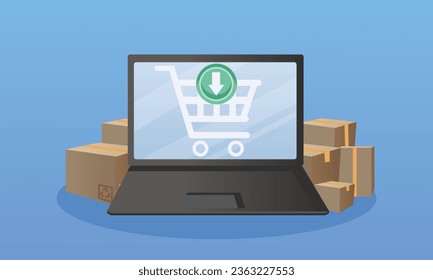 shopping cart in cartoon laptop.on blue background.Vector Design Illustration.