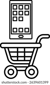 A shopping cart with a cell phone on top of it. The cart is empty