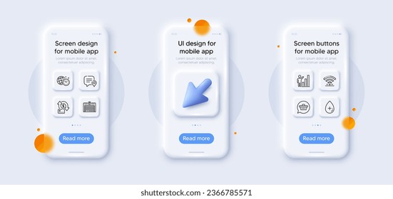 Shopping cart, Chat bubble and Parking garage line icons pack. 3d phone mockups with cursor. Glass smartphone screen. Time management, Money transfer, Graph chart web icon. Vector