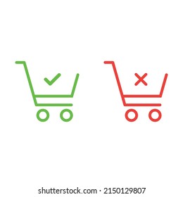 Shopping cart with check and cross marks icon