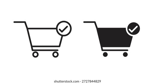 Icono de comprobación de Carrito de compras. Ilustración vectorial, plano y carrera