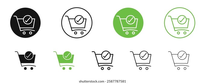 Shopping cart check icons in black and green colors collection