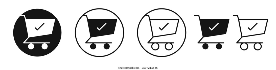 Shopping cart check icons set in solid black and stroke line style