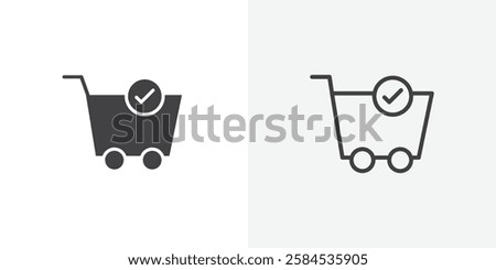 Shopping cart check icons vectors illustrations in black fill and liner versions