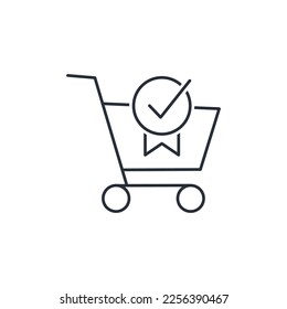 shopping cart and check mark. Bargain purchase.Vector linear icon isolated on white background.