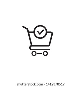 Shopping cart and check mark icon vector completed order, confirm flat sign symbols logo illustration isolated on white background black color. Concept design art for business and online Marketing