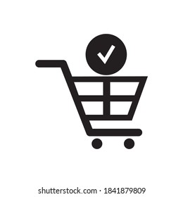 Shopping Cart and Check Mark Icon. Trolley symbol on white background. Vector Illustration.