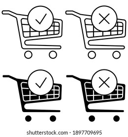 Shopping cart and check mark icon. The order is complete. Place an order. Trolley symbol for online marketing and shopping. Onlne shop. Complete shopping, paying. Vector isolated on white background