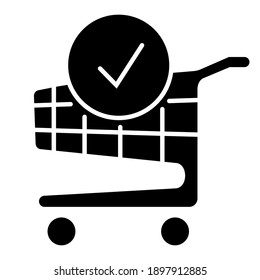 Shopping cart and check mark icon. The order is complete. Place an order. Trolley symbol for business and online marketing or shopping. Vector icon in glyph style, isolated on white background